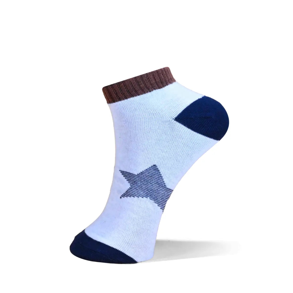 A single low-cut ankle sock with a white body, a navy blue star on the foot, a navy heel, and a brown ribbed cuff, shown on a white background.