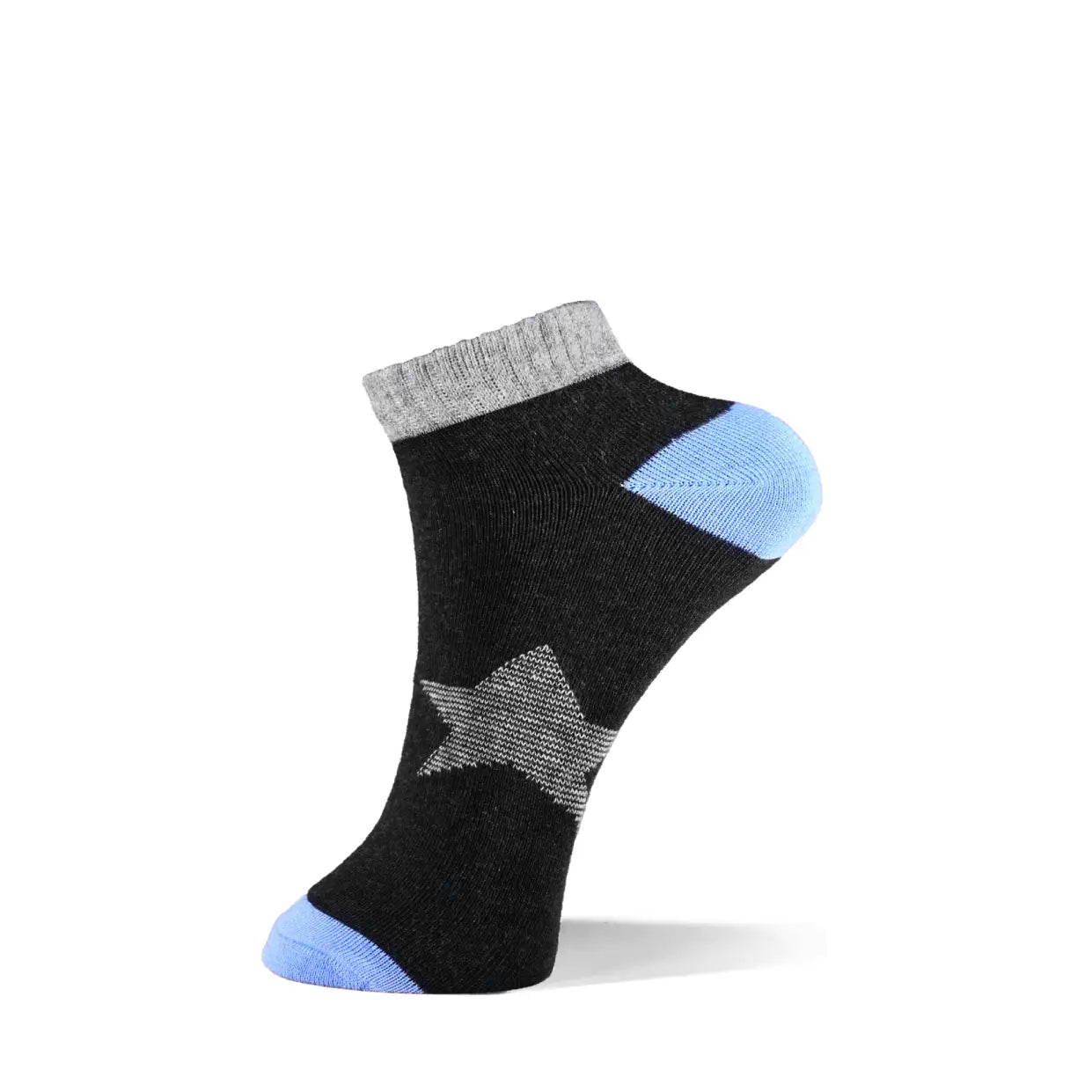 A single low-cut ankle sock shown on a white background. The sock is primarily black with a light gray ribbed cuff, a gray star pattern on the foot, and light blue heels and toes.