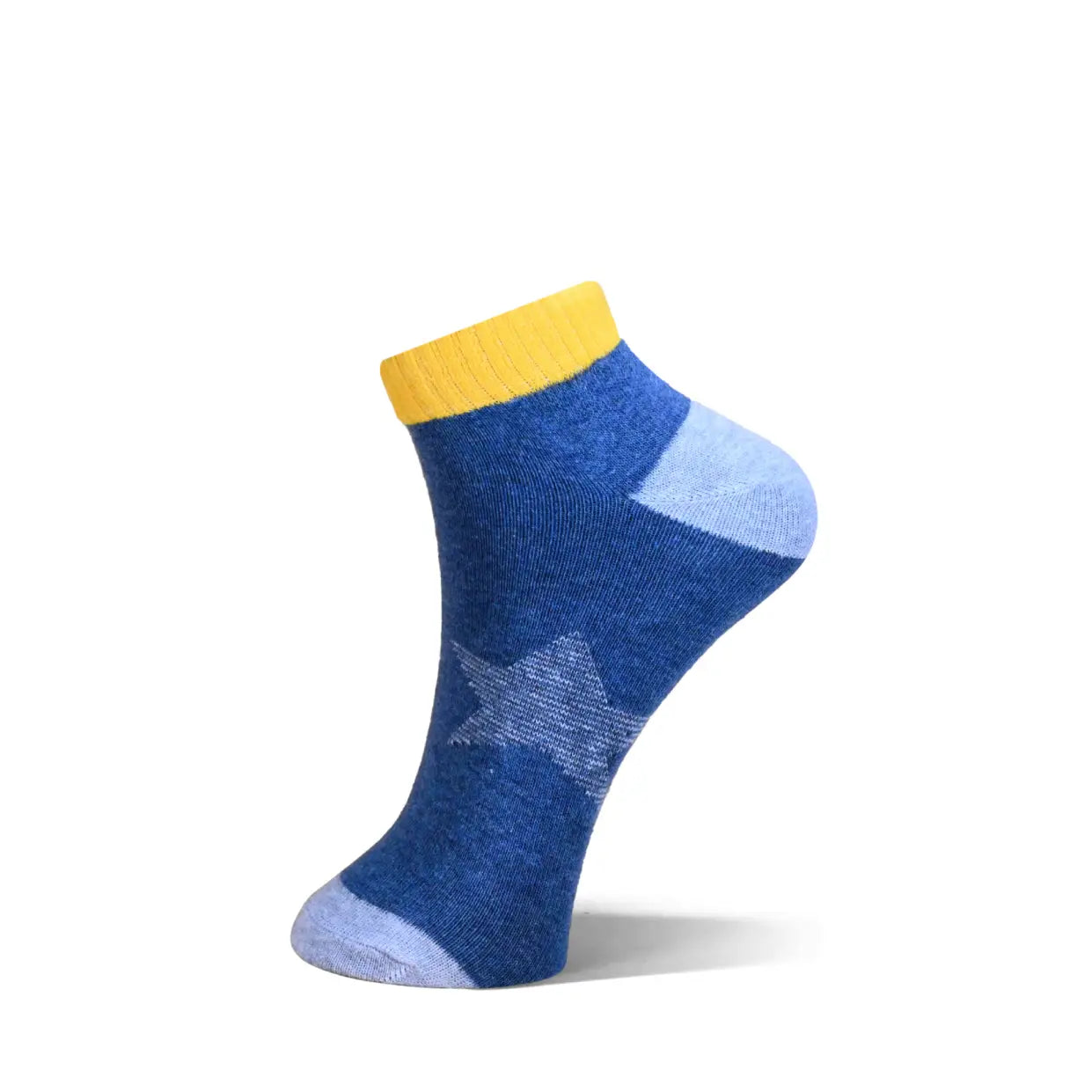 A single low-cut ankle sock in heathered blue with a light blue heel and toe, and a bright yellow ribbed cuff, shown on a white background.