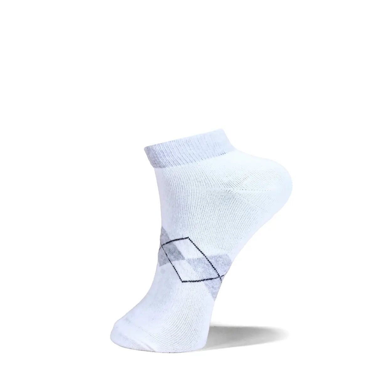 A single white low-cut ankle sock with a subtle gray geometric diamond pattern on the instep, shown against a plain white background.