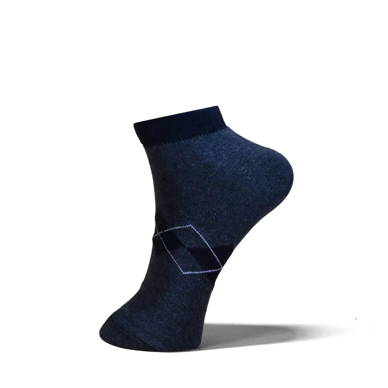 A single dark navy blue ankle sock with a subtle geometric pattern on the instep, shown on a clean white background with a soft shadow.