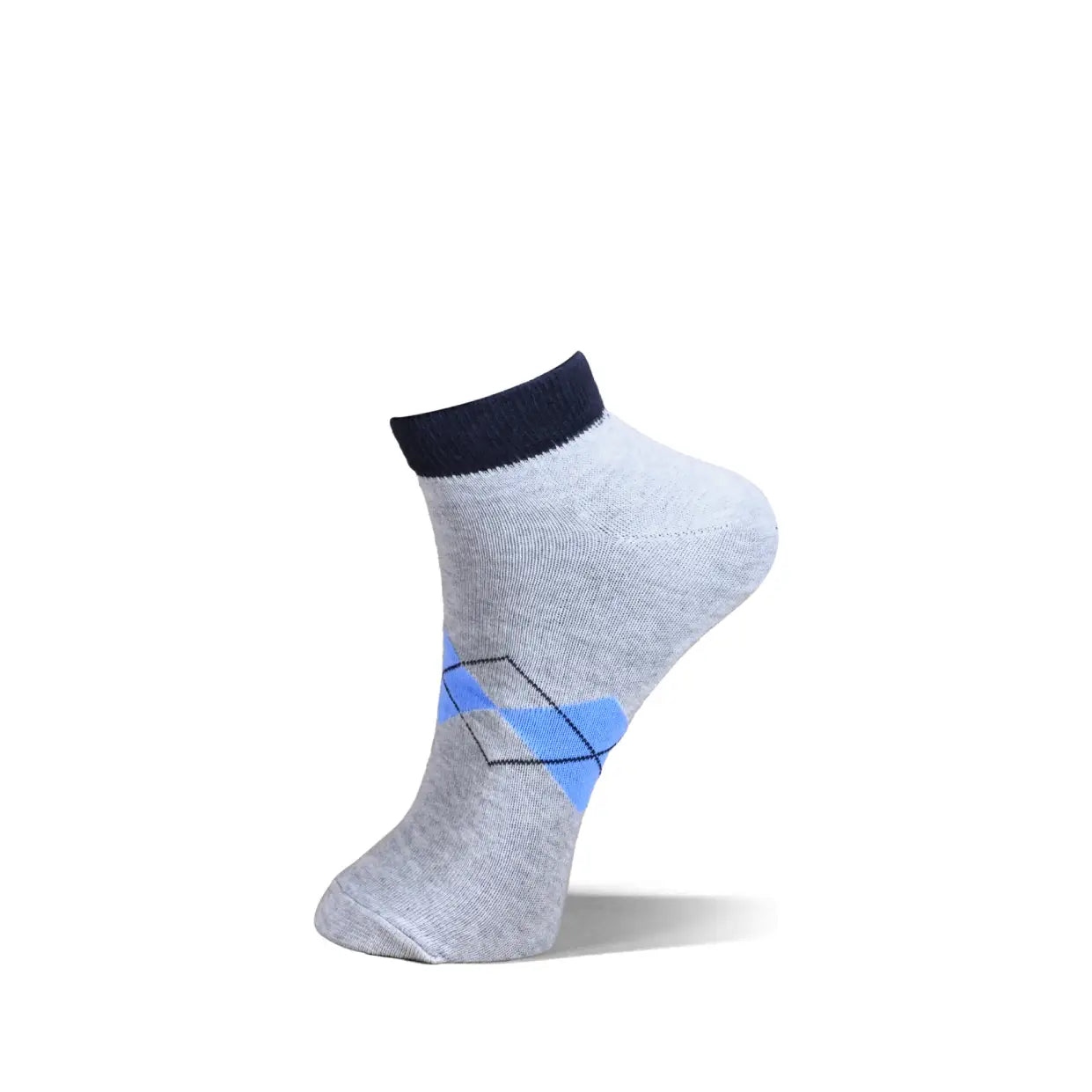 A single low-cut ankle sock in heather gray with a dark navy ribbed cuff and a light blue geometric pattern on the side, shown on a white background.