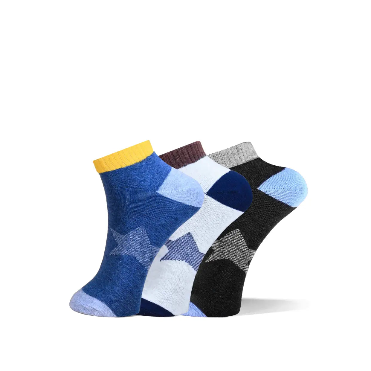 Three pairs of low-cut ankle socks arranged in a fan shape on a white background. The front pair is blue with a yellow cuff and light blue star pattern, the middle pair is white with a dark blue heel and a dark brown cuff, and the back pair is black with a gray star pattern and a light blue toe.