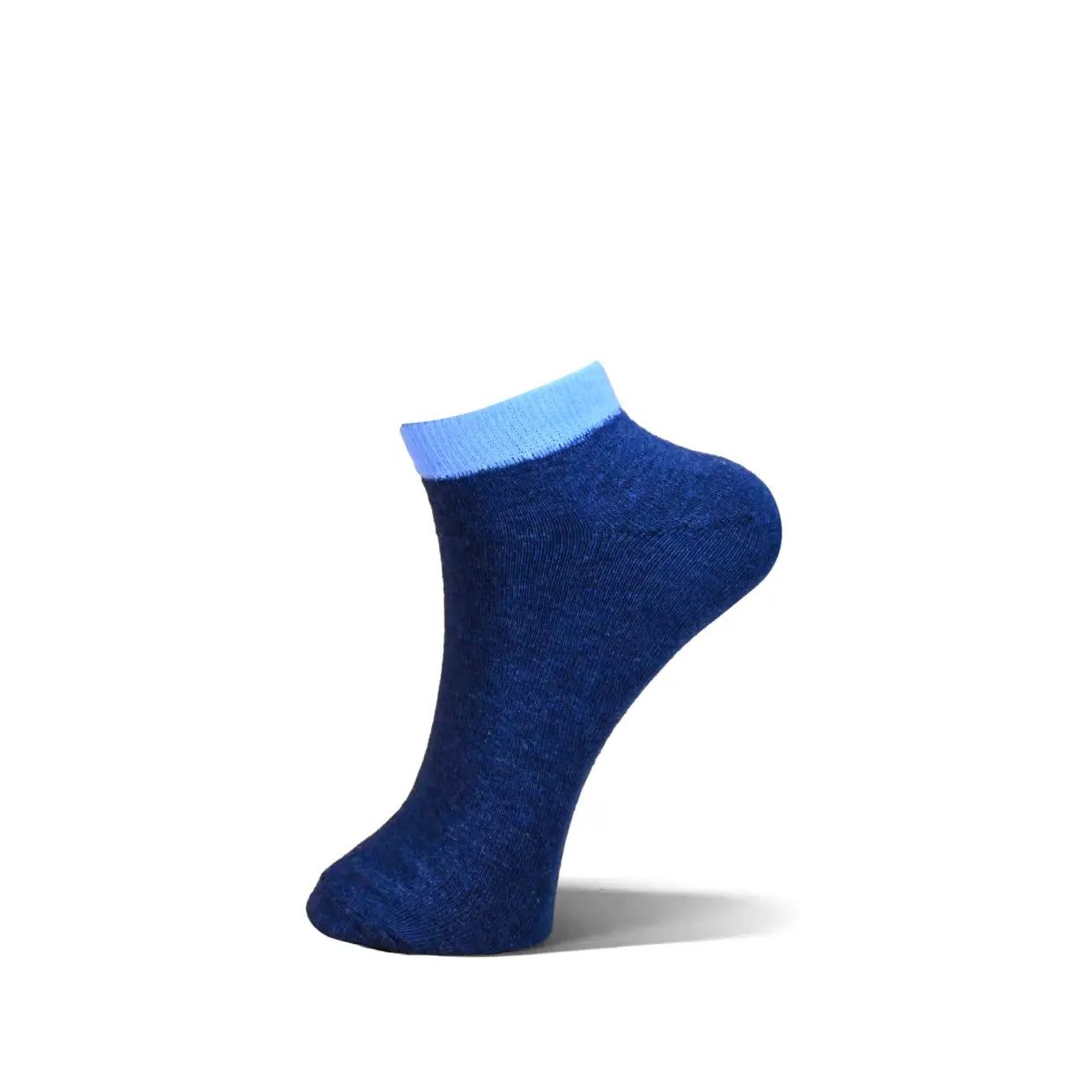 A single low-cut ankle sock in a heathered dark blue color with a contrasting light blue ribbed cuff, shown on a plain white background.