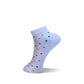 A single ankle sock in a light heathered blue-gray color, decorated with small repeating motifs of red maple leaves, black maple leaves, and black stars, shown on a clean white background.