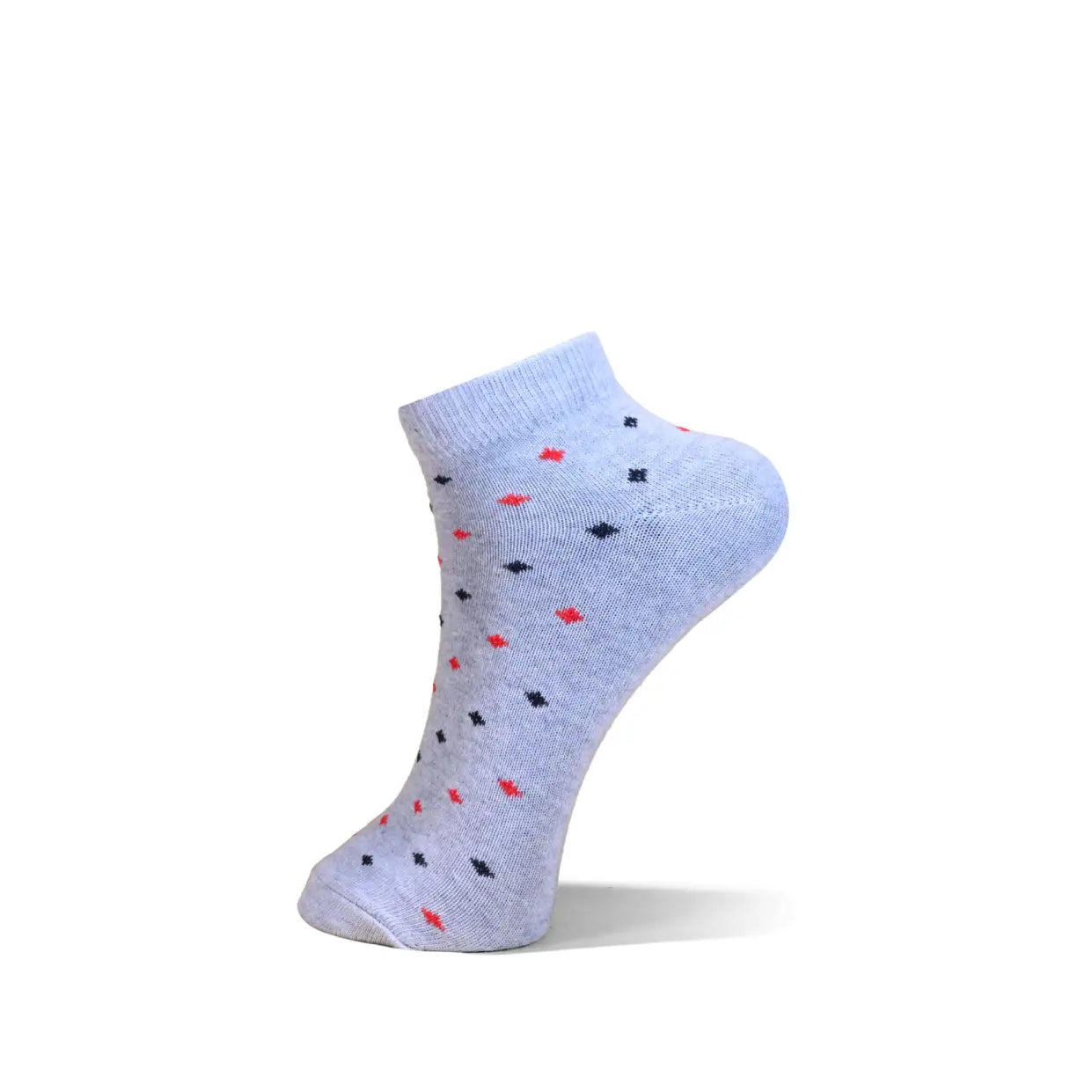 A single ankle sock in a light heathered blue-gray color, decorated with small repeating motifs of red maple leaves, black maple leaves, and black stars, shown on a clean white background.