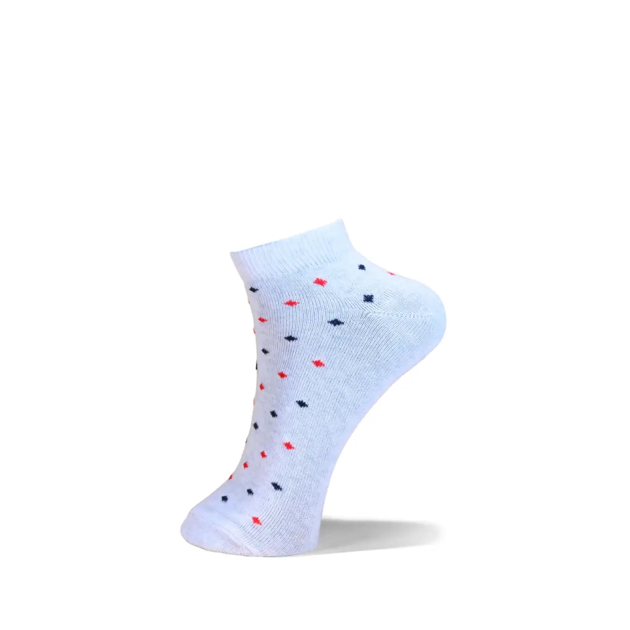 A single low-cut ankle sock in white, decorated with small scattered red and navy blue star patterns, shown on a clean white background with a soft shadow.