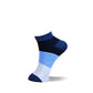 A single low-cut ankle sock with horizontal stripes of navy blue, dark blue, light blue, white, and navy, shown on a white background with a soft shadow.