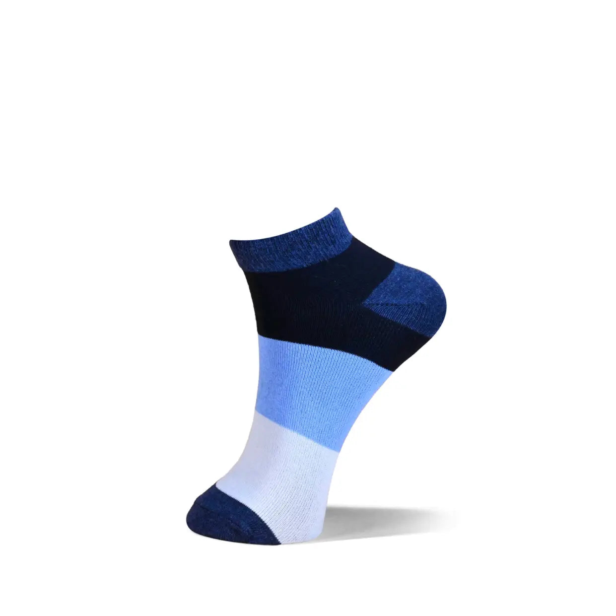 A single low-cut ankle sock with horizontal stripes of navy blue, dark blue, light blue, white, and navy, shown on a white background with a soft shadow.