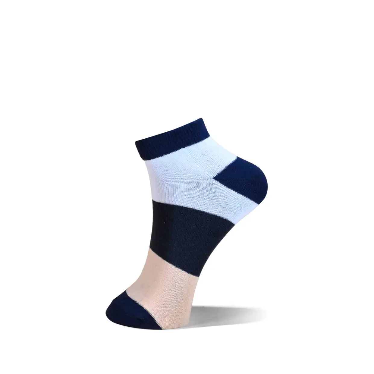 A single ankle sock with horizontal stripes of navy blue, white, and a sheer nude-beige heel and toe, shown on a white background with a soft shadow.