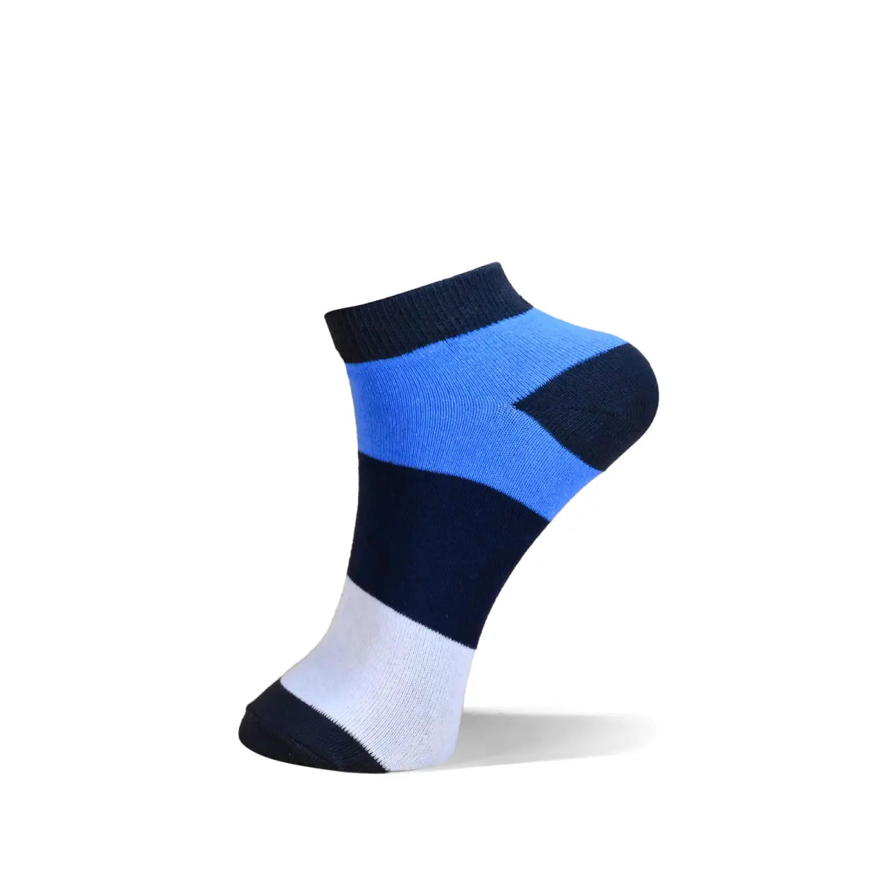 A single low-cut ankle sock with horizontal stripes of navy blue, bright blue, white, and navy, shown on a clean white background with a soft shadow.