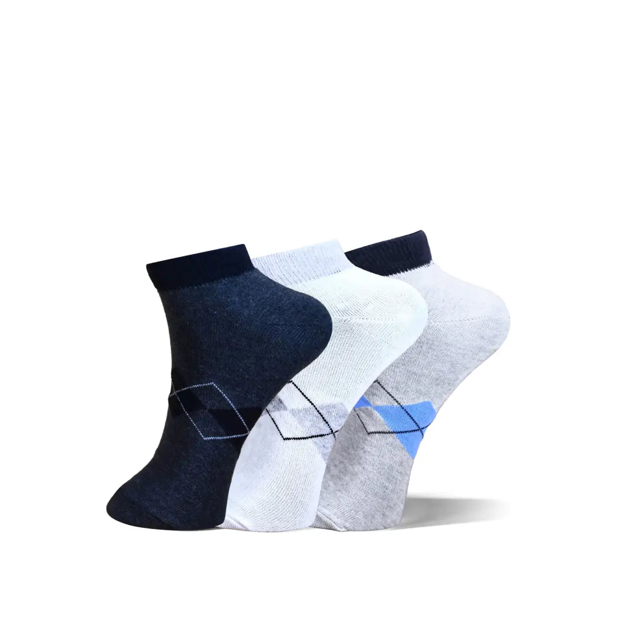 Three low-cut ankle socks arranged in a fan shape on a white background. The socks are navy blue, white, and light gray, each featuring a geometric diamond pattern on the side.