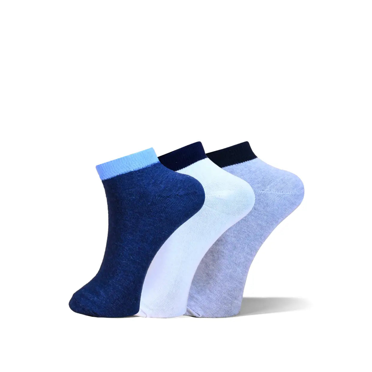 Three pairs of low-cut ankle socks in different shades of blue, arranged in a fan shape on a plain white background.