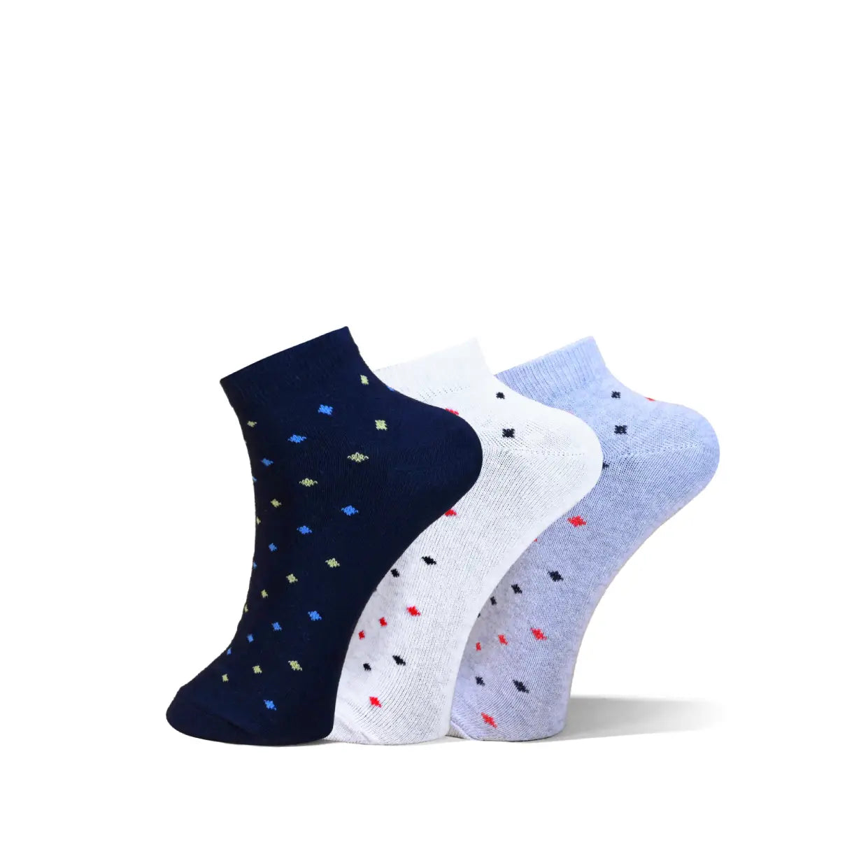 Three pairs of low-cut ankle socks arranged in a fan shape on a white background. The front sock is navy blue with small multicolored diamond patterns, the middle sock is white with small multicolored diamond patterns, and the back sock is light blue with small multicolored diamond patterns.