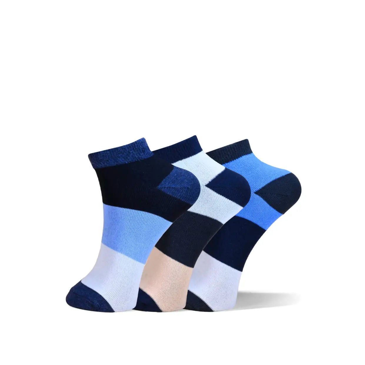 Three low-cut ankle socks with a striped pattern in navy, light blue, white, and beige, arranged in a fan shape on a white background.
