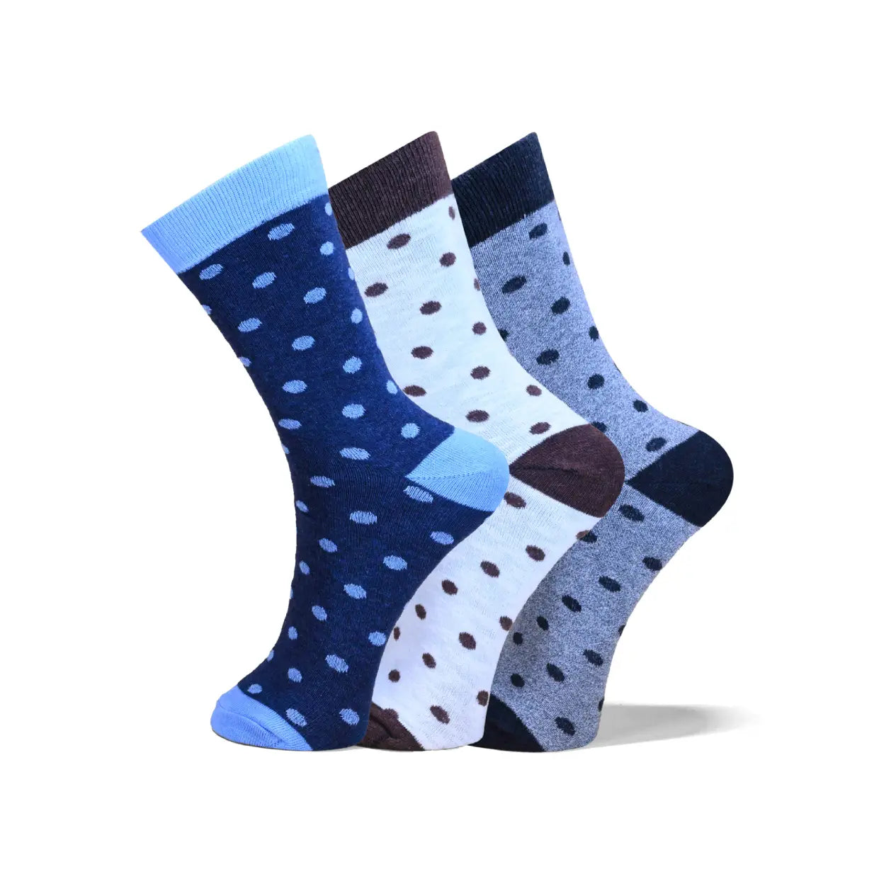 Three pairs of men's crew socks arranged overlapping on a white background. The front pair is navy blue with light blue polka dots and a light blue toe and cuff.