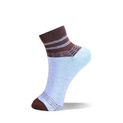 A single ankle sock shown on a white background, featuring a light blue body, a dark brown ribbed cuff with thin white stripes, and a dark brown toe and heel.