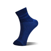 A single dark blue crew sock shown in a floating, three-quarter view against a solid white background with a soft shadow underneath.