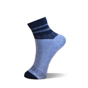 A single ankle sock shown on a white background, featuring a heathered light blue body with a dark navy ribbed cuff, heel, and toe, accented by thin horizontal stripes.