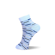 A single ankle sock with a striped pattern in shades of blue, navy, gray, and white, shown floating against a solid white background.