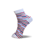 A single ankle sock with horizontal stripes in white, navy, red, and gray, shown on a white background with a soft shadow.