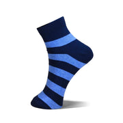 A single ankle sock with horizontal stripes in navy blue and light blue, shown on a plain white background with a soft drop shadow.