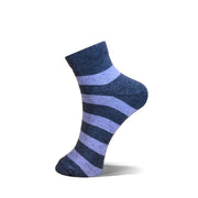 A single ankle sock with horizontal stripes in navy blue and light purple, shown on a clean white background.