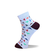 A single ankle sock on a white background, featuring a light blue heathered base with a colorful geometric pattern of small triangles in red, green, blue, and gray, finished with dark burgundy toe and heel sections.