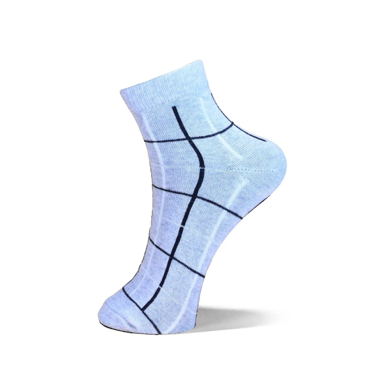 A single ankle sock in light blue with a black grid pattern, shown floating against a solid white background.