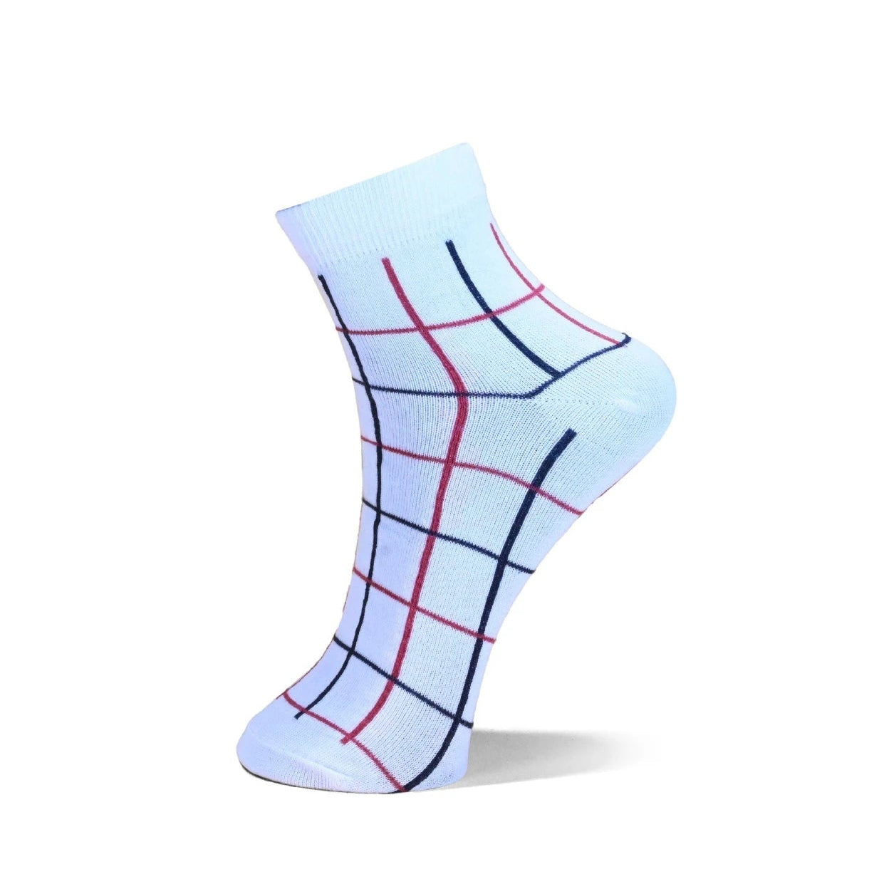 A single ankle sock with a white base and a grid pattern in navy blue and red, shown on a clean white background.