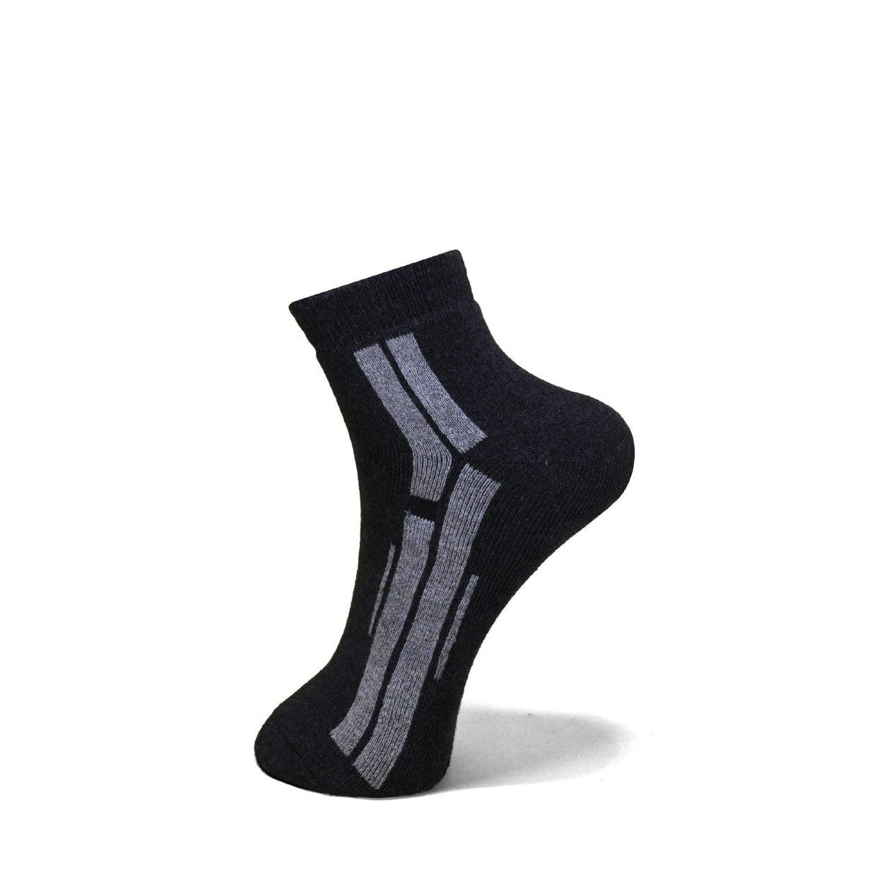 A single low-cut athletic sock in black with a gray striped pattern on the side, shown against a plain white background.