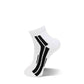 A single white ankle sock with bold black diagonal stripes on the side, shown against a plain white background with a soft drop shadow.