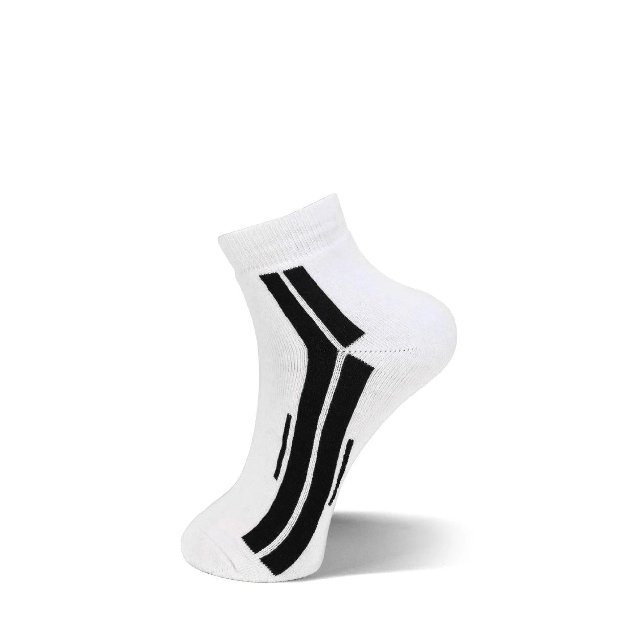 A single white ankle sock with bold black diagonal stripes on the side, shown against a plain white background with a soft drop shadow.