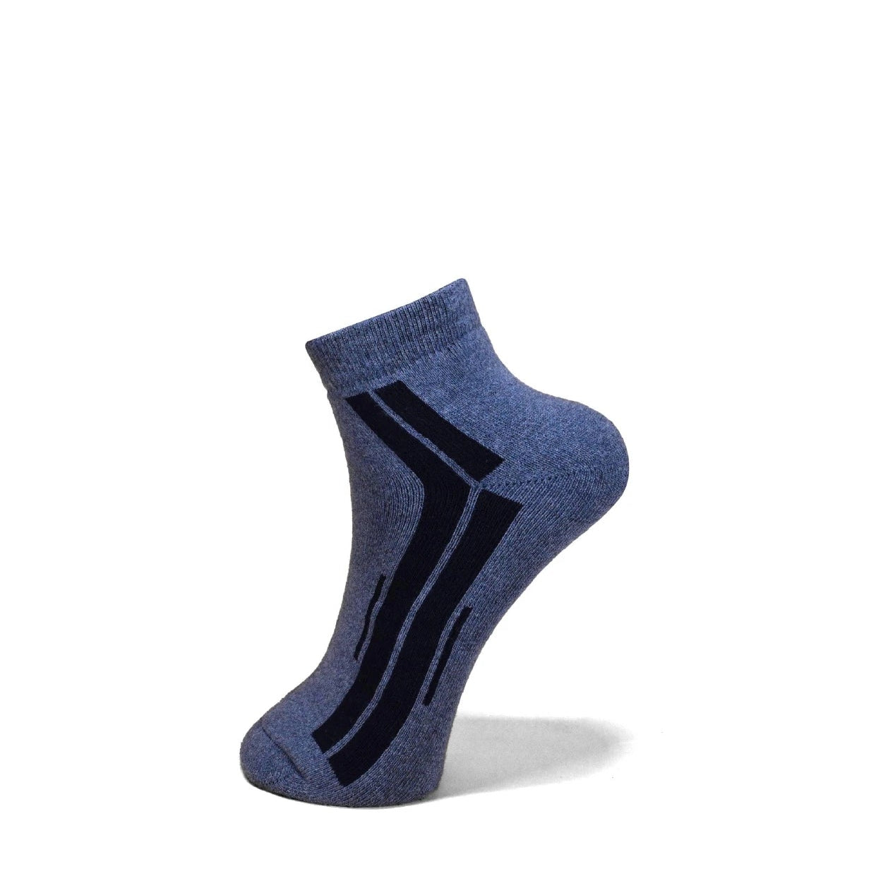 A single low-cut ankle sock in heathered blue with a black abstract stripe pattern on the side, shown on a clean white background with a soft shadow.