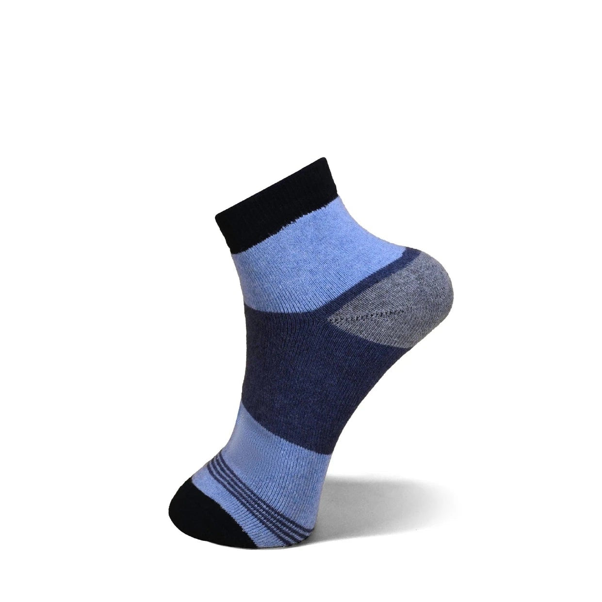 A single low-cut ankle sock with a color-blocked pattern of light blue, dark navy, and gray, featuring a black cuff, toe, and heel, shown on a white background with a soft shadow.