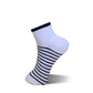 A single low-cut ankle sock with black horizontal stripes on a white body and a solid black ribbed cuff, shown floating against a plain white background.