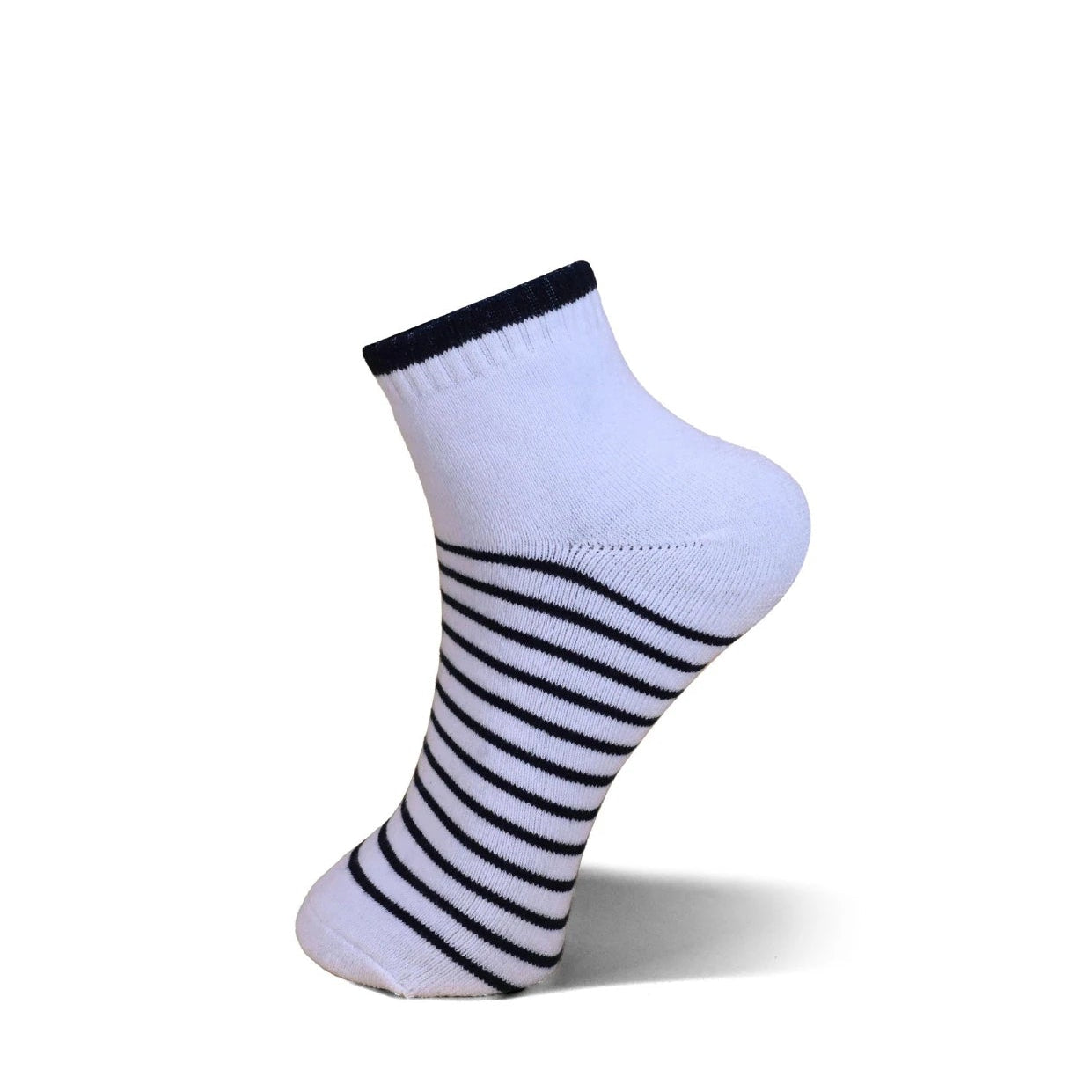 A single low-cut ankle sock with black horizontal stripes on a white body and a solid black ribbed cuff, shown floating against a plain white background.