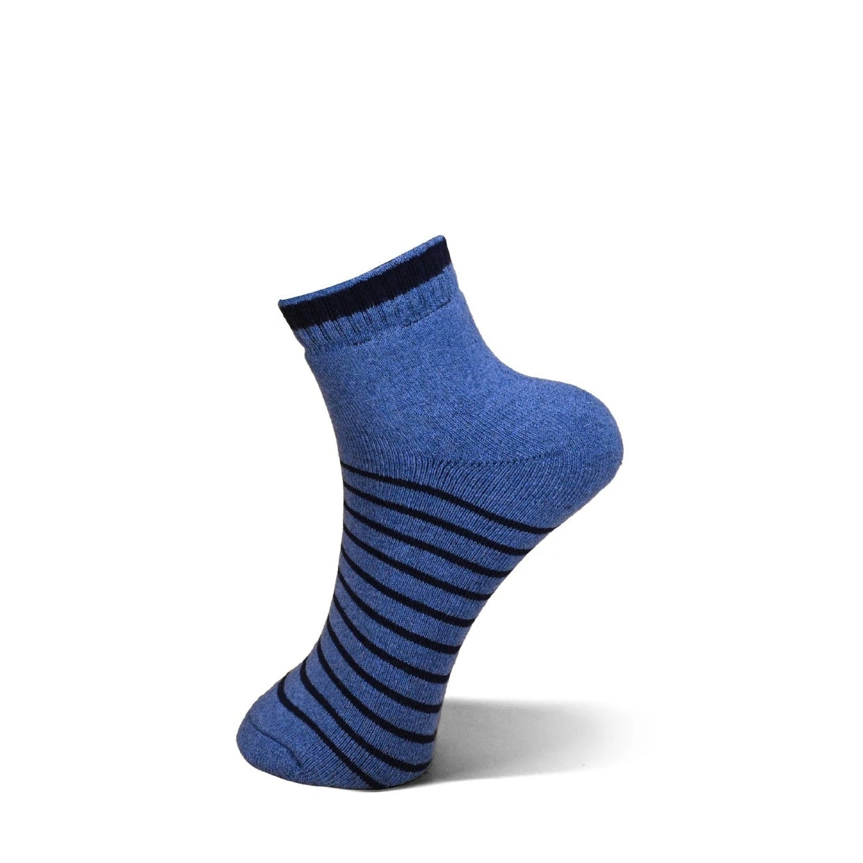 A single blue ankle sock with dark navy horizontal stripes on the foot and a dark navy ribbed cuff, shown on a clean white background.
