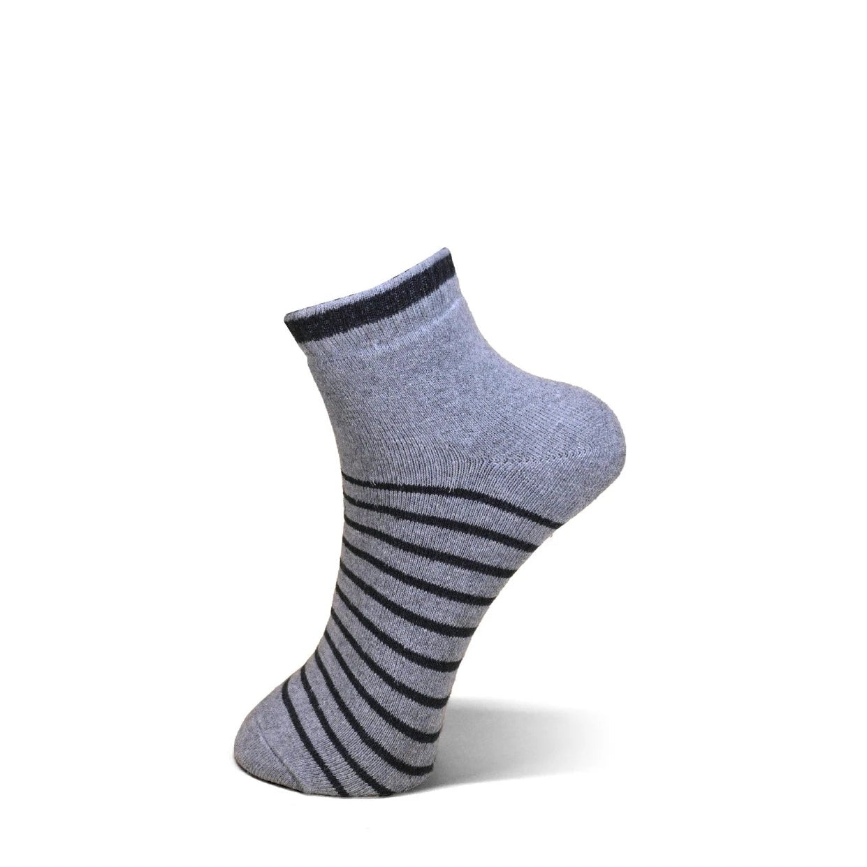 A single low-cut ankle sock in heather gray with black horizontal stripes on the foot and a black ribbed cuff, shown floating against a solid white background.