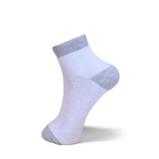 A single ankle sock shown on a white background, with a light lavender body and heather gray accents on the heel, toe, and ribbed cuff.