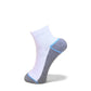 A single low-cut athletic sock shown on a white background. The sock features a white upper leg portion, a heather gray heel and toe section, and a thin light blue stripe separating the white and gray sections.