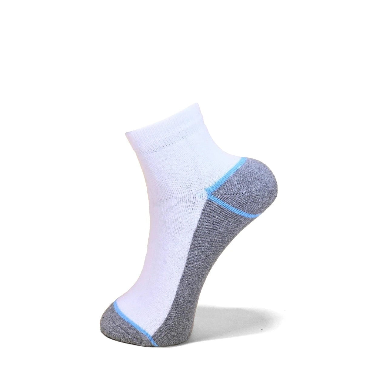 A single low-cut athletic sock shown on a white background. The sock features a white upper leg portion, a heather gray heel and toe section, and a thin light blue stripe separating the white and gray sections.