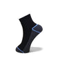 A single ankle sock shown on a white background, featuring a black upper and heel with a dark gray toe and sole section, accented by light blue piping details.
