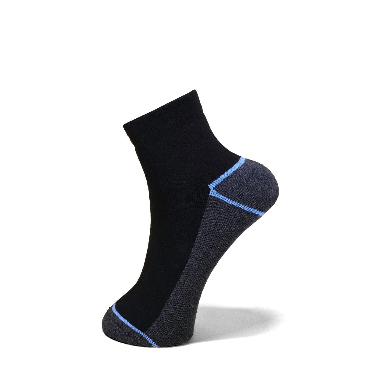 A single ankle sock shown on a white background, featuring a black upper and heel with a dark gray toe and sole section, accented by light blue piping details.