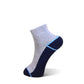 A single low-cut ankle sock shown on a white background. The sock features a light heather gray body with a navy blue heel, toe, and sole, accented by thin light blue piping lines.