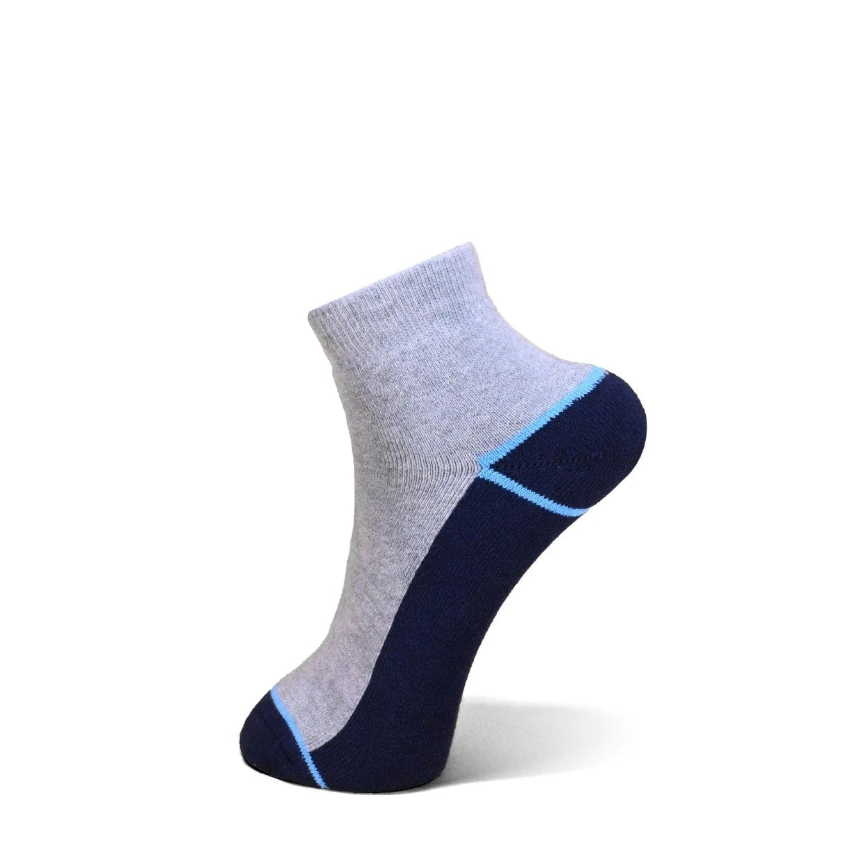 A single low-cut ankle sock shown on a white background. The sock features a light heather gray body with a navy blue heel, toe, and sole, accented by thin light blue piping lines.