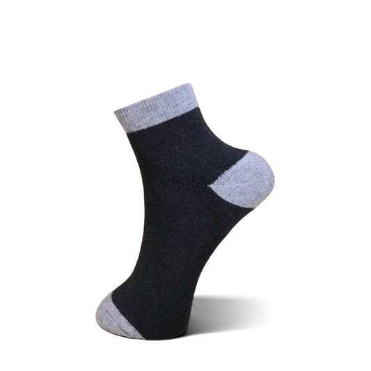 A single ankle sock shown on a white background, featuring a dark charcoal gray body with light gray ribbed cuff, heel, and toe sections.