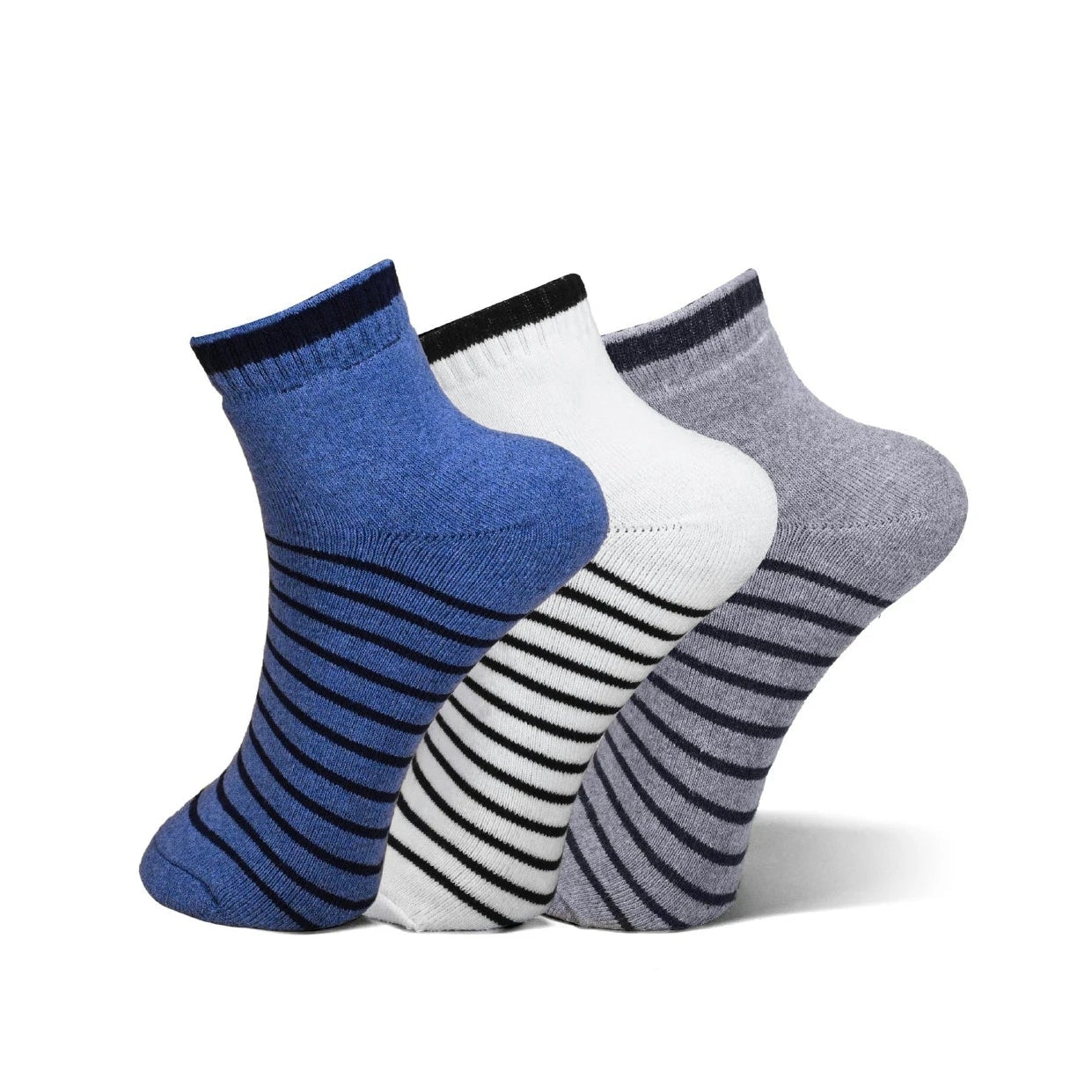 Three pairs of ankle socks in blue, white, and gray, arranged in a fan shape on a white background. The socks feature horizontal striped patterns on the lower half and solid ribbed cuffs.