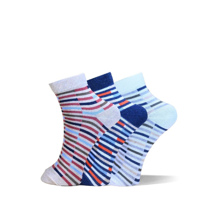 Three pairs of striped ankle socks displayed together on a clean white background. The socks feature horizontal stripes in navy blue, red, gray, and white, with solid navy and light blue heels.