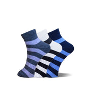 Three pairs of ankle socks with horizontal stripes in navy, blue, white, and light purple, arranged in a fan shape on a white background.